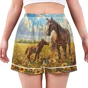 [RPLIFE] Watercolor Horses Sunflower Field Pj Shorts Women, Cute Trendy Boxer Shorts for Women, Womens Summer Pajamas