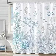 Lifeella Nautical Coastal Turtle Shower Curtain, Coral Starfish Seashell Ocean Themed Bathroom Curtain, Underwater Seahorse Bathroom Decor Blue 72 x 72 inch