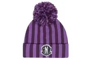 Wednesday Unisex Adult Nevermore Stripes Logo Beanie (Purple) (One Size)