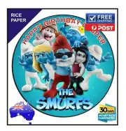 The smurfs EDIBLE Rice Paper BIRTHDAY CAKE TOPPER IMAGE Personalised 19cm round