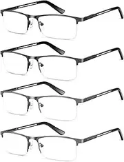 Reading Glasses Men, 4-Pack Metal Stainless Half Frame Blue Light Glasses for Women Men, Spring Hinge Readers