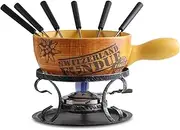 Artestia 2.11-Quart Swiss Design Ceramic Fondue Pot Set for Cheese, Chocolate Melting Pot with 6 Fondue Forks and Swiss Vintage Pattern, Perfect for 6 People, 10 Piece