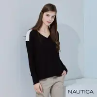在飛比找momo購物網優惠-【NAUTICA】女裝 簡約撞色華夫格V領長袖T恤(黑色)