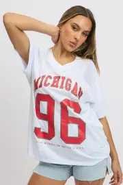 White Sports Tee Short Sleeve - Size L, Women's Graphic Tee