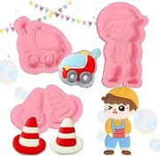 IKOJING Cartoon Engineering Car Silicone Mold 3 Pcs, Hard-Working Worker Car Road Sign Chocolate Fondant Mold for Birthday Cake Decoration, Chewing Gum, Dough, Biscuits, Candy, DIY Clay, Resin