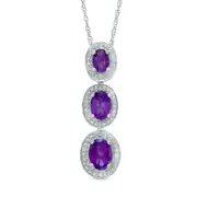 Oval Amethyst and Natural Diamond Accent Frame Three Stone Pendant in Sterling Silver