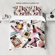 v2265 Bed Sheets pc Make-up Series Print Duvet Cover Set - Perfume Blush Lipstick Pattern Bedding for Bedroom & Dorm Room (No Core) 3-Piece Bedding Se