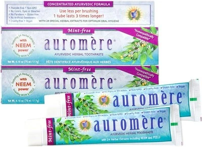 Auromere Ayurvedic Herbal Toothpaste, Mint Free - Vegan, Natural, Non GMO, Fluor