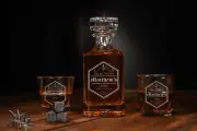 Personalized Whiskey Decanter Set with 2 Glasses, Whiskey Stones and Box
