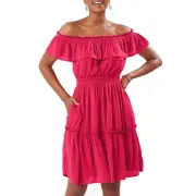Tommy Bahama Women's Caicos Crinkle Off-The-Shoulder Dress, Amaranth, Small