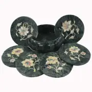 4.5 Inches Round Marble Tea Coaster Set Mother of Pearl Inlay Work Bear Coaster
