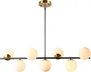 KCO Lighting Black and Brass Linear Pendant Light Mid Century Modern Sputnik Chandelier 7-Lights Milk Glass Globe Kitchen Island Pendant Lighting for Dining Room Living Room Bedroom