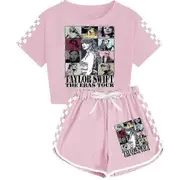 2Pcs Kids Girls Taylor Swift The Eras Tour Casual Summer T-Shirt Tops Shorts Set PJs Loungewear Tracksuit Outfits Age 7-14 Years Pink 9-10Years