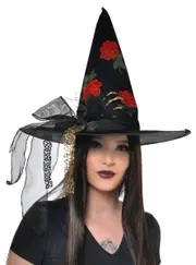 Fancy Black Witch Hat with Roses and Gold Skeleton Hand