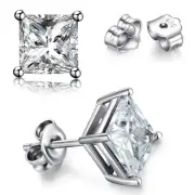 925 Sterling Silver Stud Earrings Princess Cut Cubic Zirconia Sparkling Simul...