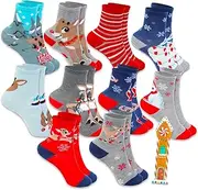 [Rudolph the Red-Nosed Reindeer] Socks for Kids - Bundle with 10 Pairs of Rudolph Christmas Socks Plus Bookmark | Rudolph the Red Nose Reindeer Socks Boys, Girls, Multicolor, 7-10