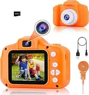 Seckton Kids Selfie Camera, Christmas Birthday Gifts for Girls&Boys Age 3-9, HD Digital Video Cameras for Toddler, Portable Toy for 3 4 5 6 7 8 Year Old Girls&Boys with 32GB SD Card (Orange-Yellow)