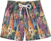 [RPLIFE] Boys Beach Shorts, Anti Chafe Swim Trunks for Boys 2 T, Whimsical Colorful Fairy Town