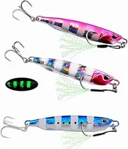 Fishing Jigs, 3PCS 60g Slow Flat Fall Jig Luminous Lead Vertical Jig Freshwater with Two Assist Mustad Hook, Great-Action Micro Jigs to Catching More Fish, Shiny Saltwater Jigs Perfect for Predators