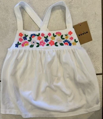 NWT Mini Boden Girls Floral Embroidered White Cross-back Tank Top Size 4-5