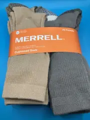 MERRELL All Purpose Cushioned Crew Socks 6 Pair Sz M/L M 9-12 W 10-13 Brown Tan
