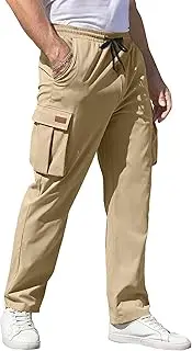 [Generic] Men's Drawstring Cotton Baggy Cargo Pants Casual Solid Chino Work Trousers Elastic Waist Stylish Hiking Sweatpants