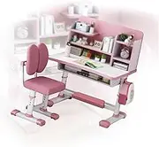 Kids Desk and Chair Set, Children School Table Chair,Kids Study Table with Bookshelf and Foot Pedal, for Home School Kids Writing Reading Drawing Studying(Pink)