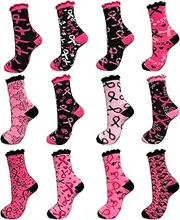 [LOHO MAGICA] 12 Pairs Breast Cancer Awareness Socks for Women, Pink Ribbon Sport Socks Bulk Pack - Get Well Soon Gifts
