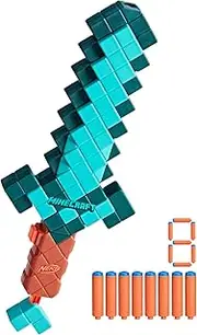 Nerf Minecraft Sword Dart Blaster, Pull Back Priming, Foam Edge, 8 Nerf N1 Darts, Ages 8+
