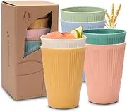 6 Pcs Wheat Straw Cups, 12 OZ(350ML) Plastic Cups, Unbreakable Drinking Cup Dishwasher Safe Water Glasses with 6 Colors for Drinking Water, Juice,Milk, Soda, Coffee,Easy to Clean & Reusable