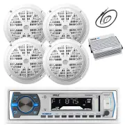 Pyle Bluetooth Marine Radio, 4x 6.5'' 120W White Speaker, Bluetooth Amp, Antenna