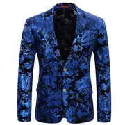 Allthemen Mens Luxury Paisley Gold Shiny Printed Stylish Slim Fit Button Down Jacket Blazer Blue 4XL