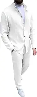 [HanzhuoLG] Men's Fashion Tracksuit Set Solid Color Casual Loose Lapel Long Sleeve Shirts & Pants Two Piece Set Large White