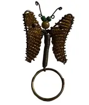 Vintage African Beaded Wire Art Gold Butterfly Keychain Handmade In Madagascar