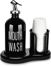 BYAWAY Glass Mouthwash Dispenser with Cup Holder, Mouthwash Set for Bathroom,16 OZ Refillable Mouthwash Bottle Container with 14 Mouthwash Cups,Funnel (Black)