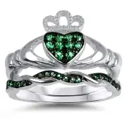 Heart Green Emerald Color Claddagh CZ Wedding Engagement Ring Set for Women
