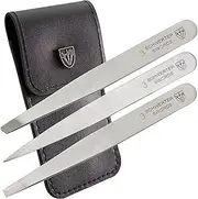 3 Swords Germany – stainless steel precision tweezer set “SILVERADO”, slanted, straight, pointed eyebrows hair, synthetic leather case by 3 Swords
