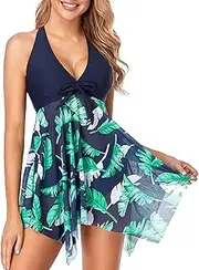 [Holipick] Women Two Piece Swim Dress Swimsuit Halter Bathing Suit Dress Mesh Tankini Top with Tummy Control Shorts