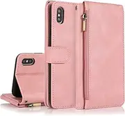 GoshukunTech for iPhone X Case,for iPhone Xs Wallet Case[ 8 Card Slots & 1 Zipper Coin Purse] Leather Wallet Flip Cover with Wrist Starp-Pink