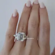 4 Ct Emerald Cut Moissanite Cluster Split Shank Engagement Ring 14K White Gold