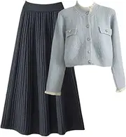 [Generic] Womens French Vintage Fragrance Single Breasted Sweater Cardigans+Knitted Skirt Sets