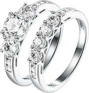 [HIDDEN GEMS JEWELRY HGJ] 2Ct 925 Sterling Silver Cubic Zirconia 3 Stone Round Cut Wedding Ring Set CZ Engagement Ring for Women Size 5-10