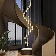 USOR 18-Light Modern High Ceiling Light Staircase Chandelier LED Crystal Chandelier Raindrop 3 Colors Dimmable Large Long Pendant Light Luxury Gold Chandelier for Entryway Living Room Lobby Remote