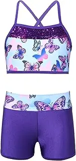 [Lejafay] Girls 2 Piece Tankini Sleeveless Sequins Criss Cross Back Tops with Bottoms Set for Ballet Dance