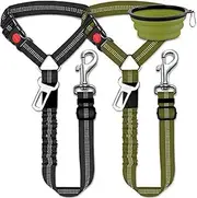 Dog car seat Belt, 2 Packs Dog car seat Belt Adjustable Elastic Bungee Cushion, 2 in 1 pet car Leash headrest Restraint Dog Reflective Safety Rope-(Black+Army Green,complimentary 1 Folding Dog Bowl)