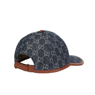 GUCCI 古馳 滿版Logo 皮革滾邊 棒球帽 帽子 牛仔 丹寧 藍色 656206 M