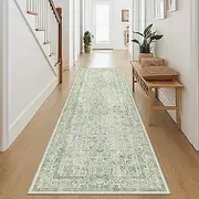 PureCozy Green Runner Rug 2x8 Hallway Machine Washable Kitchen Vintage Distressed Non Slip Long Carpet Indoor Retro Floral Bedroom Accent Throw Rug for Bathroom Office Laundry Dining Room