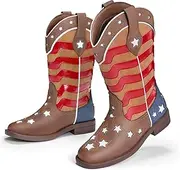 [PATPAT] Kids Cowboy Boots for Girls and Boys – Western Mid Calf Cowgirl Boots with Glow in Dark Star and American Flag Element Design, Riding Outfits Shoes for Little Big Kid