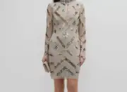$350 Aidan by Aidan Mattox Women's Silver Sequined Crewneck Dress Size US 8