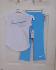 NWT 2pc Nike White Blue Pink Swoosh Top & Flared Pants Set sz 4